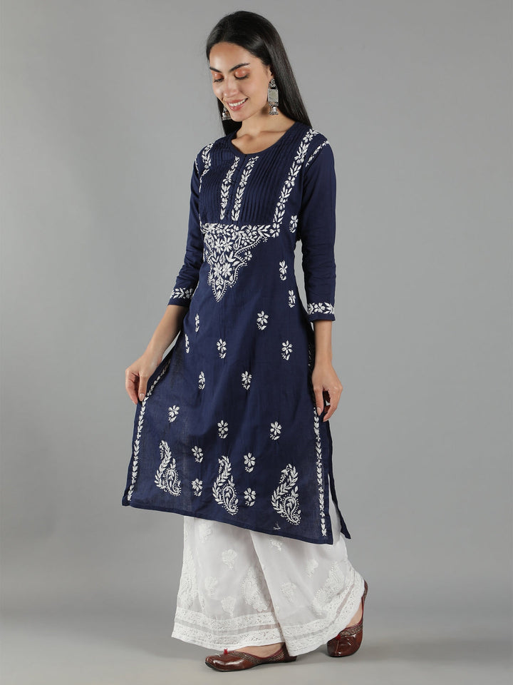 Embroidered-Chikankari-Navy-Blue-Cotton-Kurta