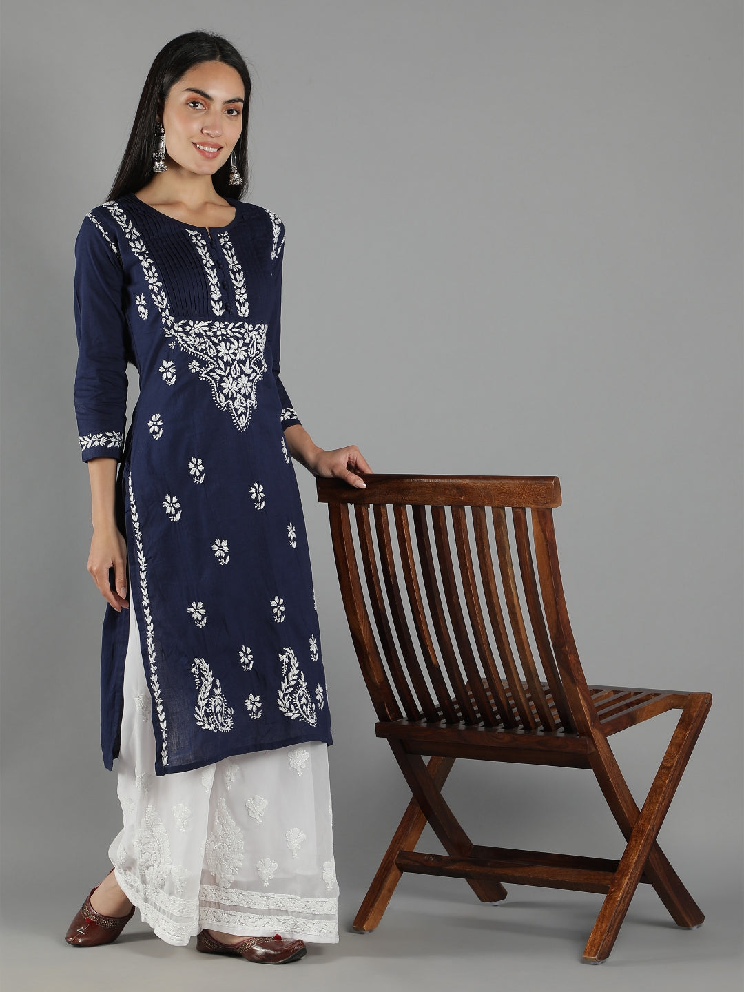 Embroidered-Chikankari-Navy-Blue-Cotton-Kurta