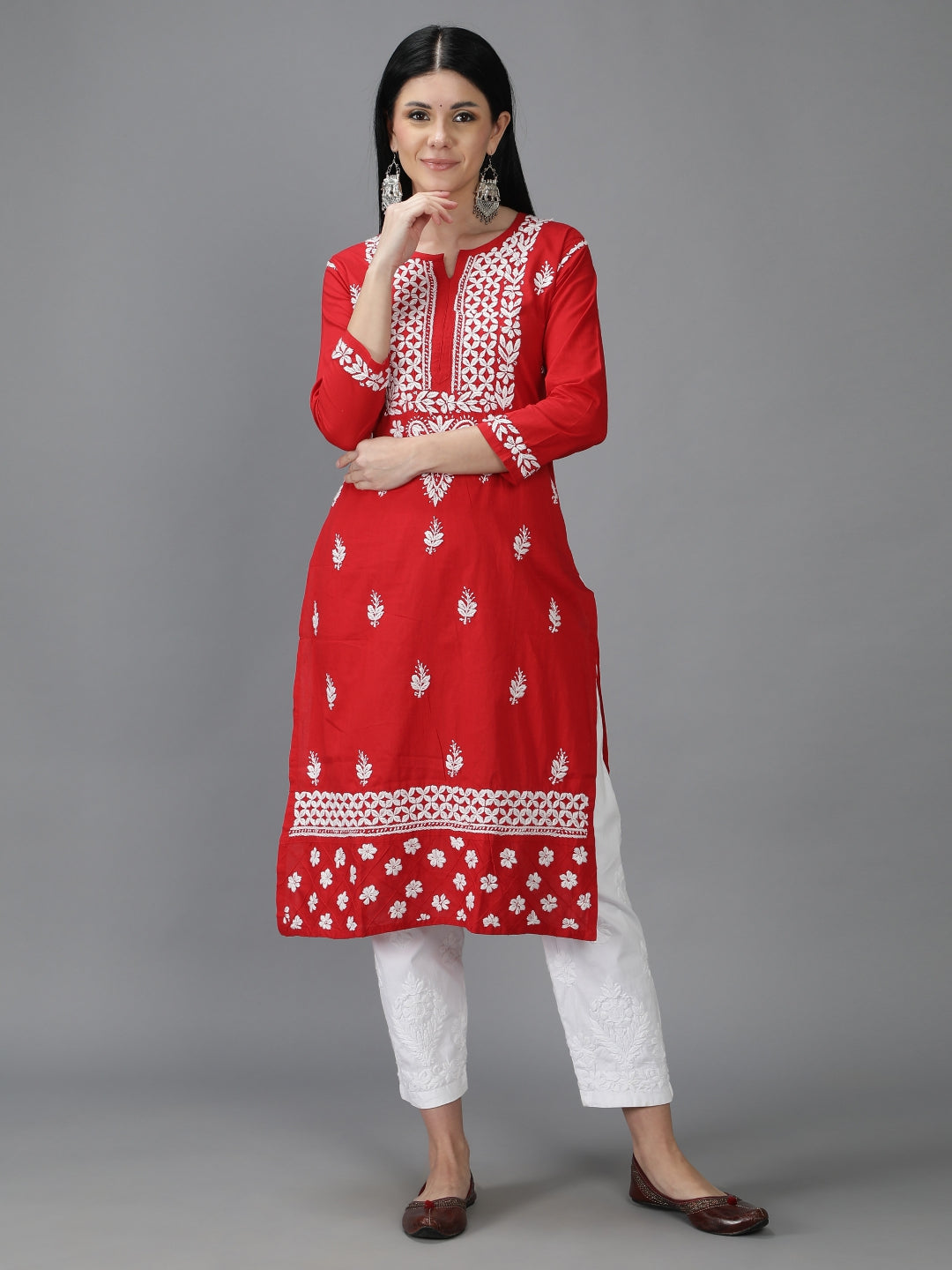 Embroidered-Chikankari-Red-Cotton-Kurta