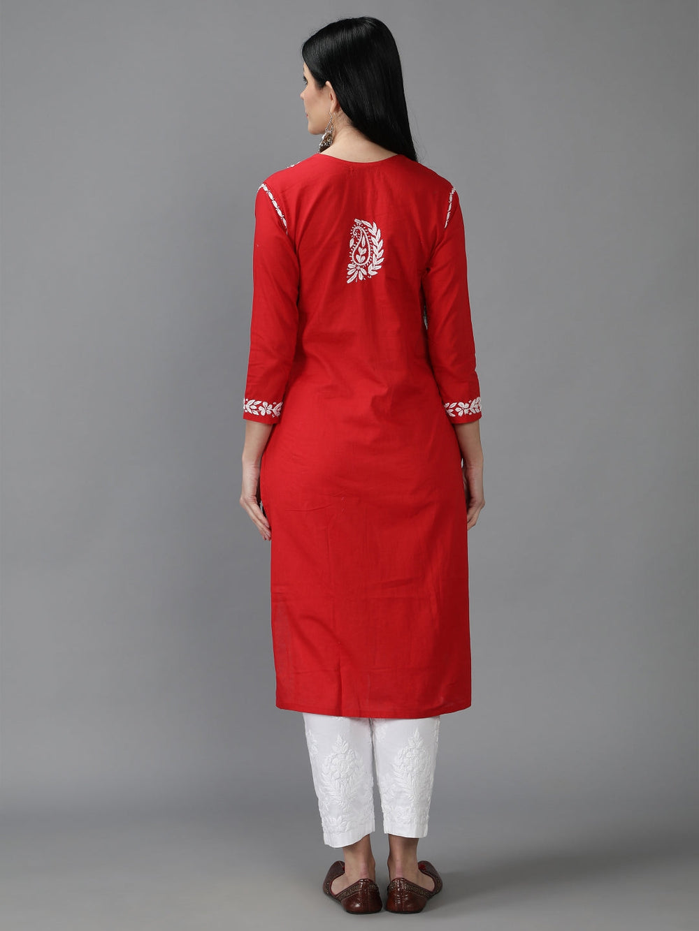 Embroidered-Chikankari-Red-Cotton-Kurta