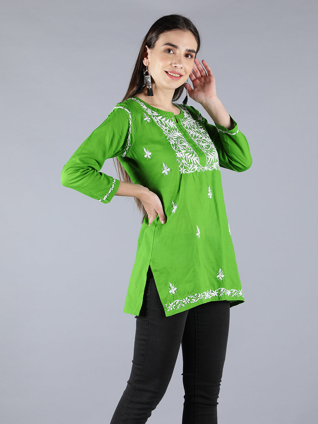 Embroidered Green Chikankari Short Top Tunic
