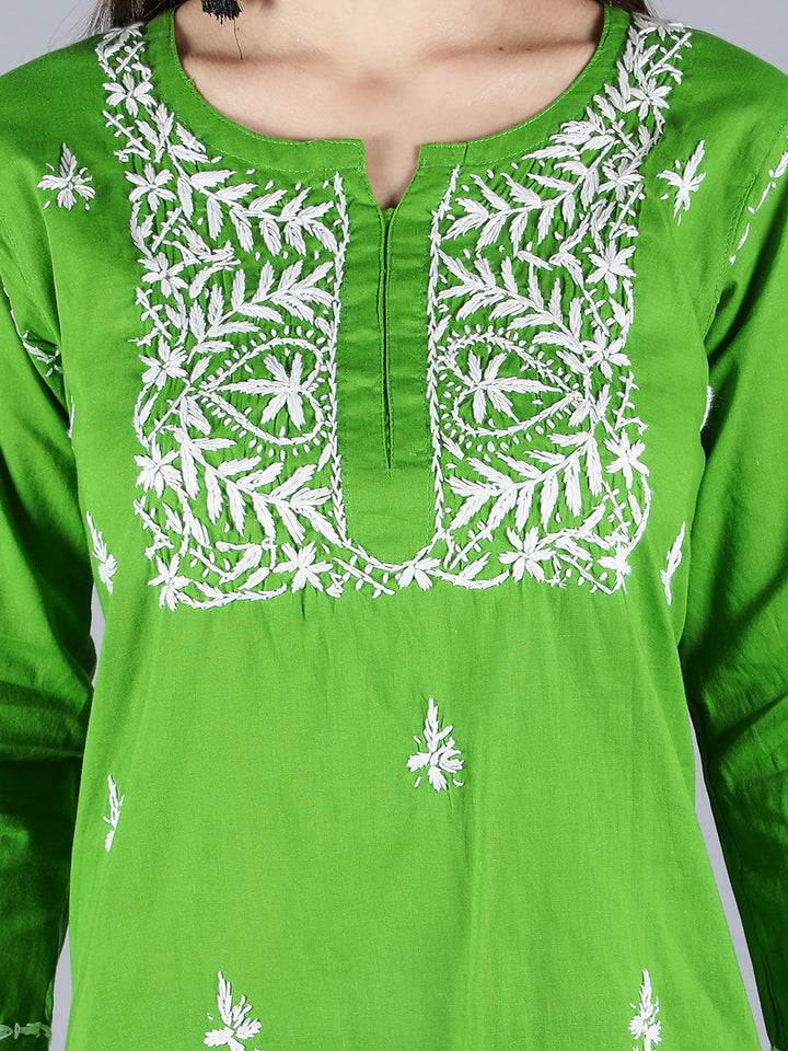 Embroidered Green Chikankari Short Top Tunic