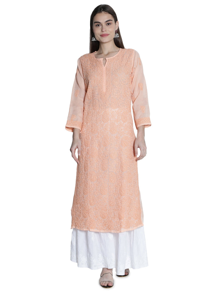 Embroidered-Peach-Lucknowi-Chikan-Kurti