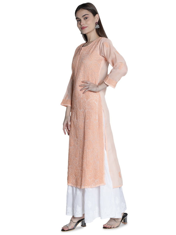 Embroidered-Peach-Lucknowi-Chikan-Kurti