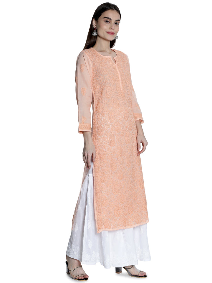 Embroidered-Peach-Lucknowi-Chikan-Kurti