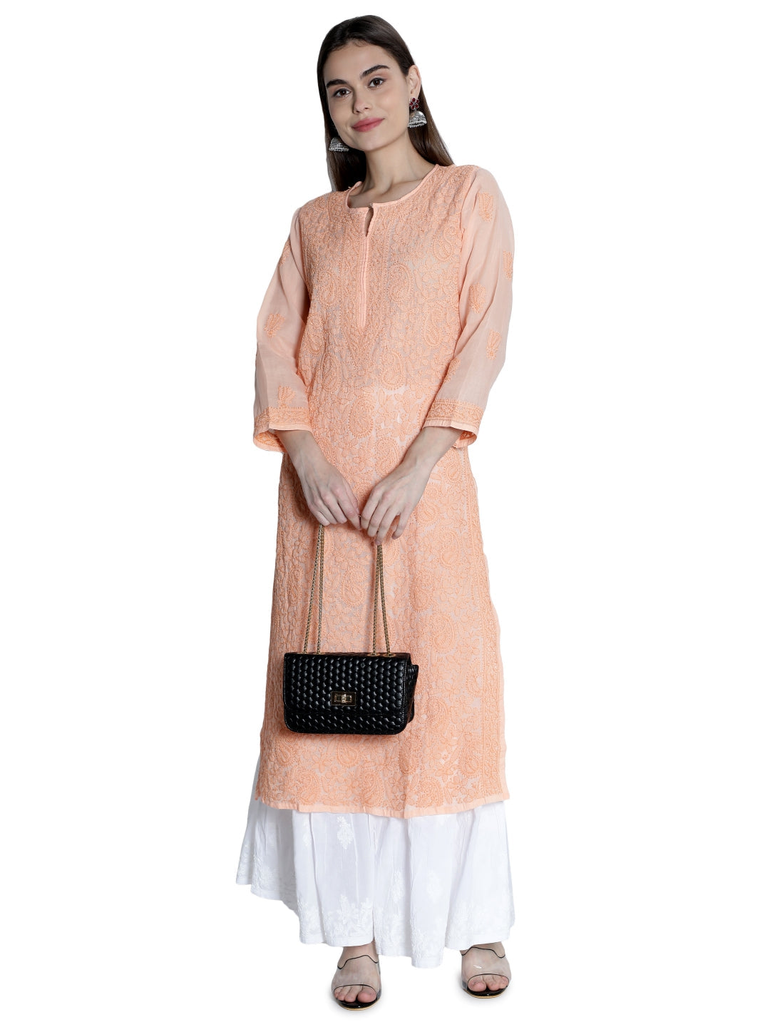 Embroidered-Peach-Lucknowi-Chikan-Kurti