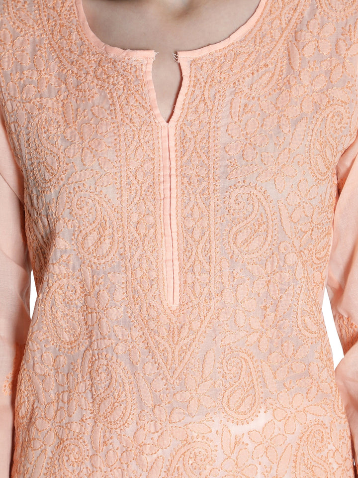 Embroidered-Peach-Lucknowi-Chikan-Kurti