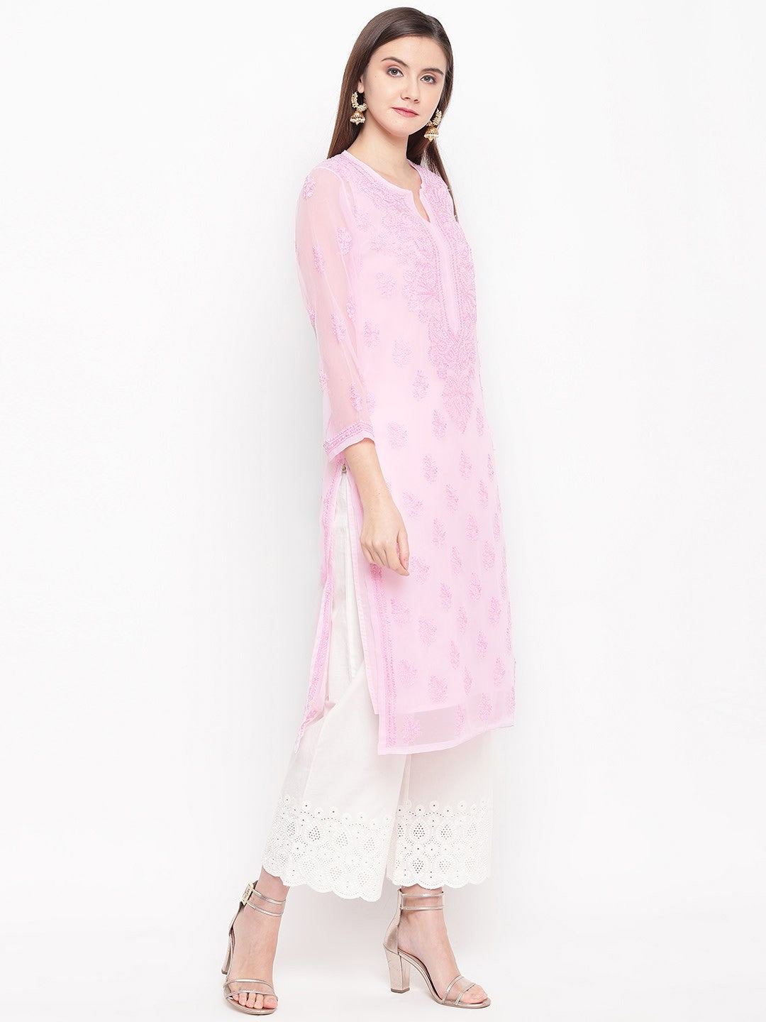Embroidered-Pink-Chikankari-Kurta-With-Slip