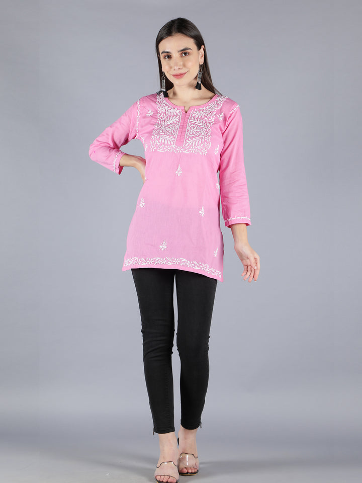 Embroidered Pink Chikankari Short Top Tunic