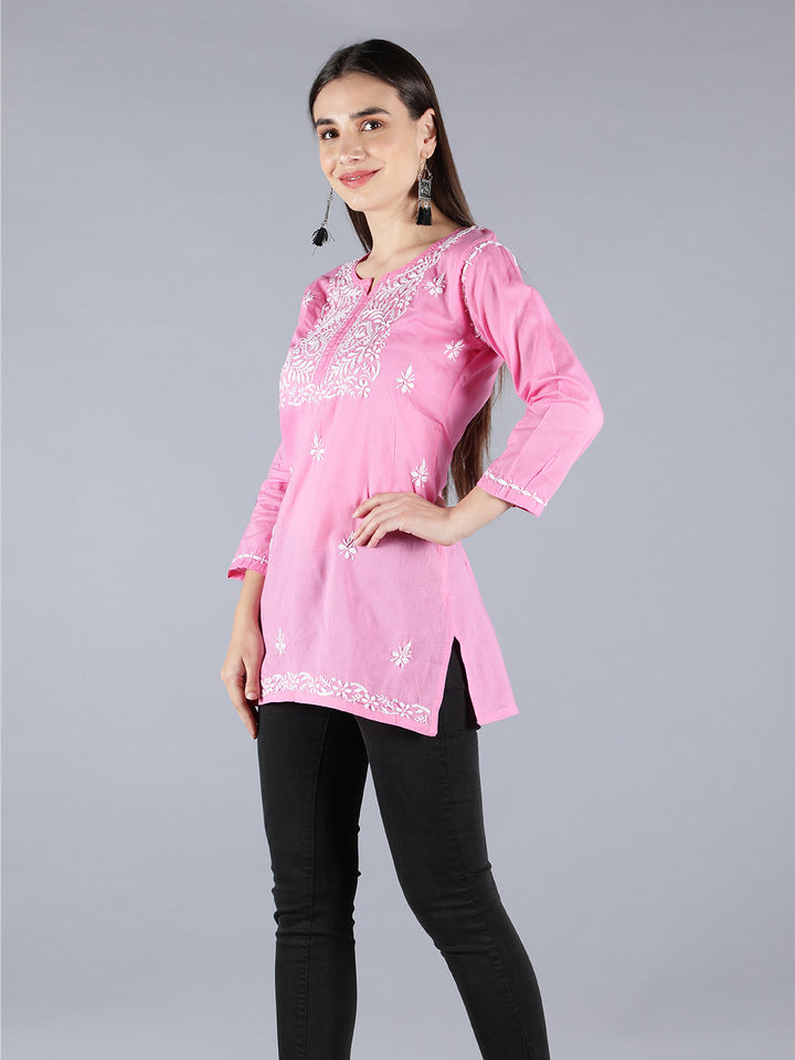 Embroidered Pink Chikankari Short Top Tunic