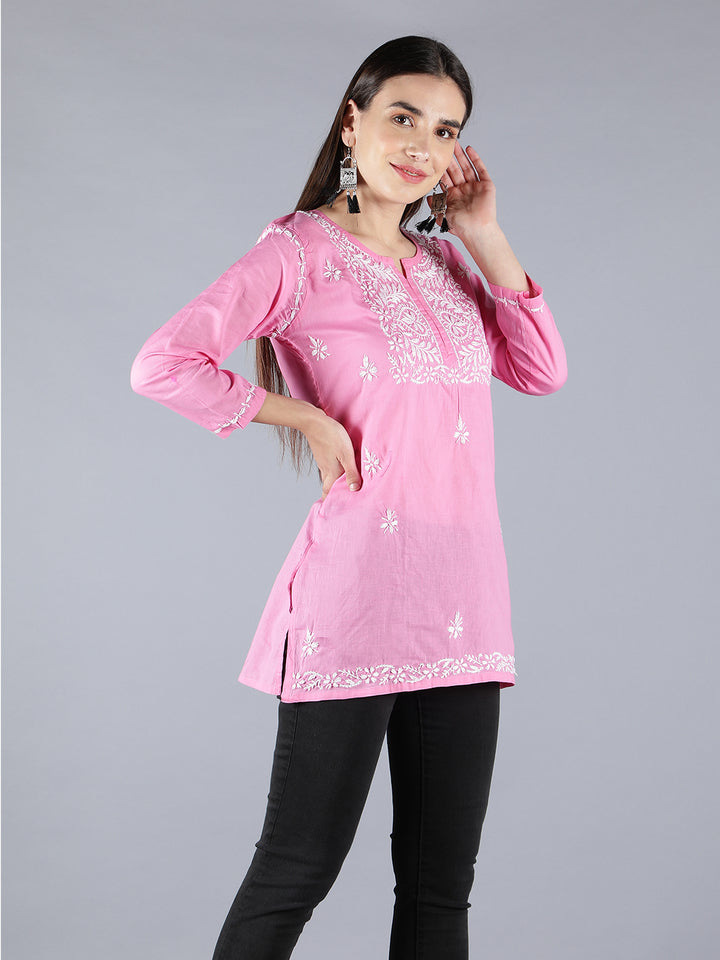 Embroidered Pink Chikankari Short Top Tunic