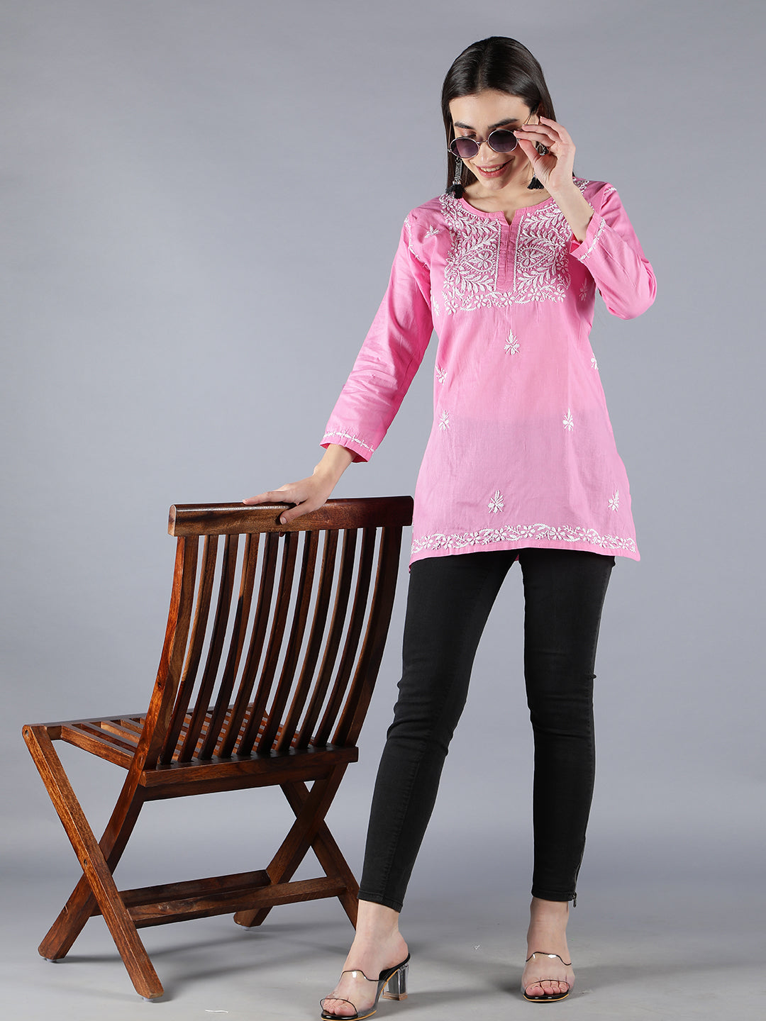 Embroidered Pink Chikankari Short Top Tunic