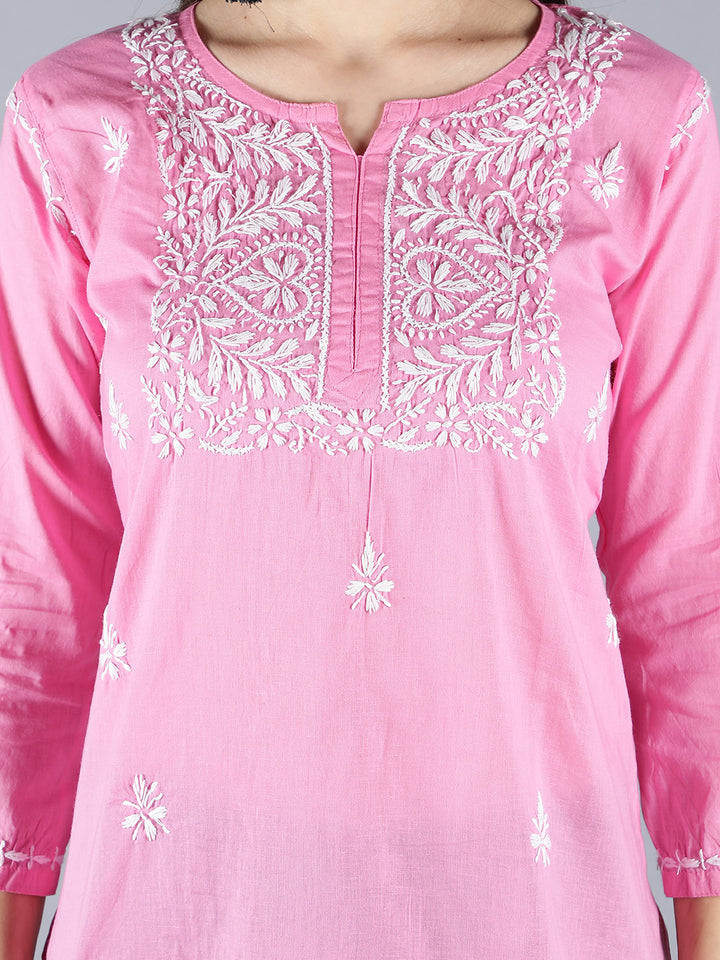 Embroidered Pink Chikankari Short Top Tunic