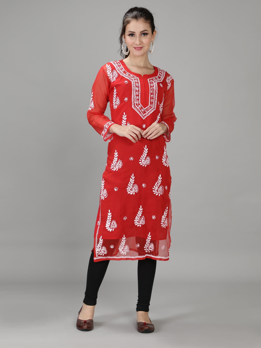 Embroidered-Red-Lucknowi-Chikan-Kurti