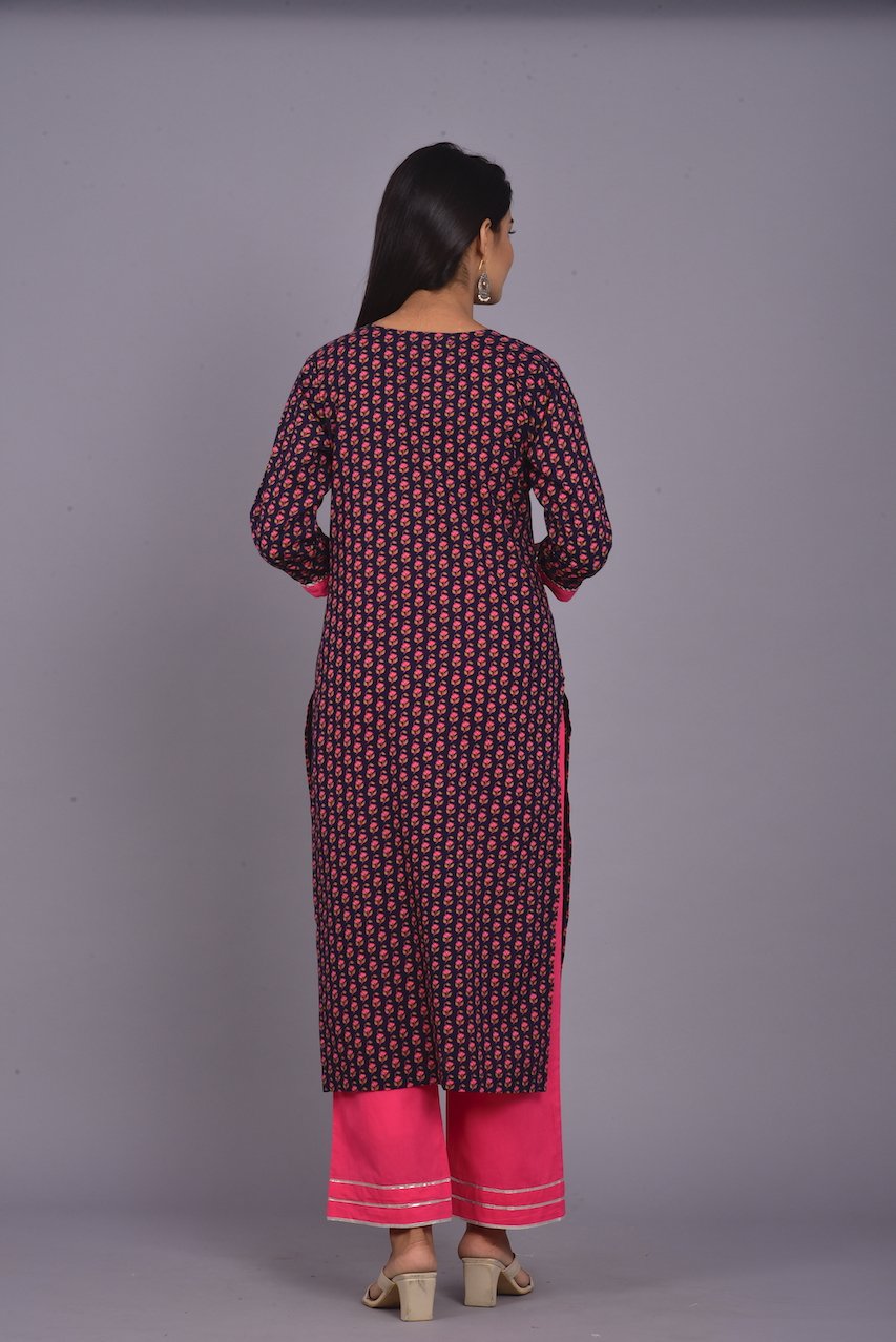 Ethnic Booti Print Navy & Pink Kurta Pant Set