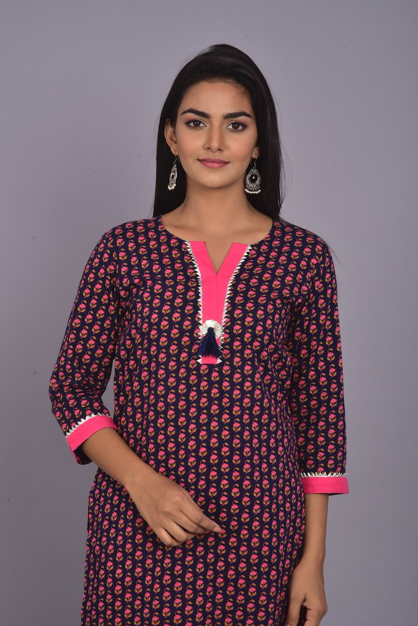 Ethnic Booti Print Navy & Pink Kurta Pant Set