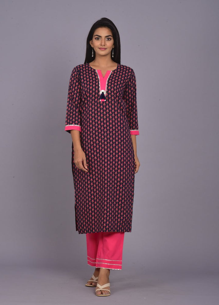 Ethnic Booti Print Navy & Pink Kurta Pant Set