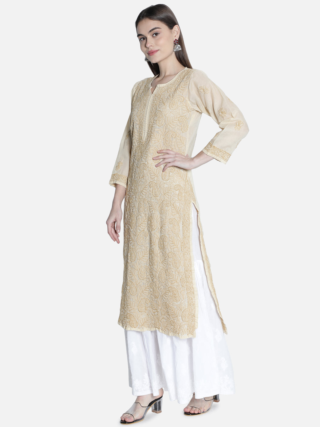 Fawn Chikan Kurta in Fawn Color Threadwork
