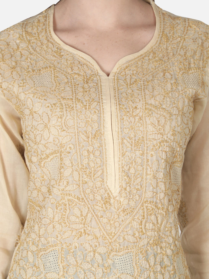 Fawn-Cotton-Lucknowi-Chikan-Kurti