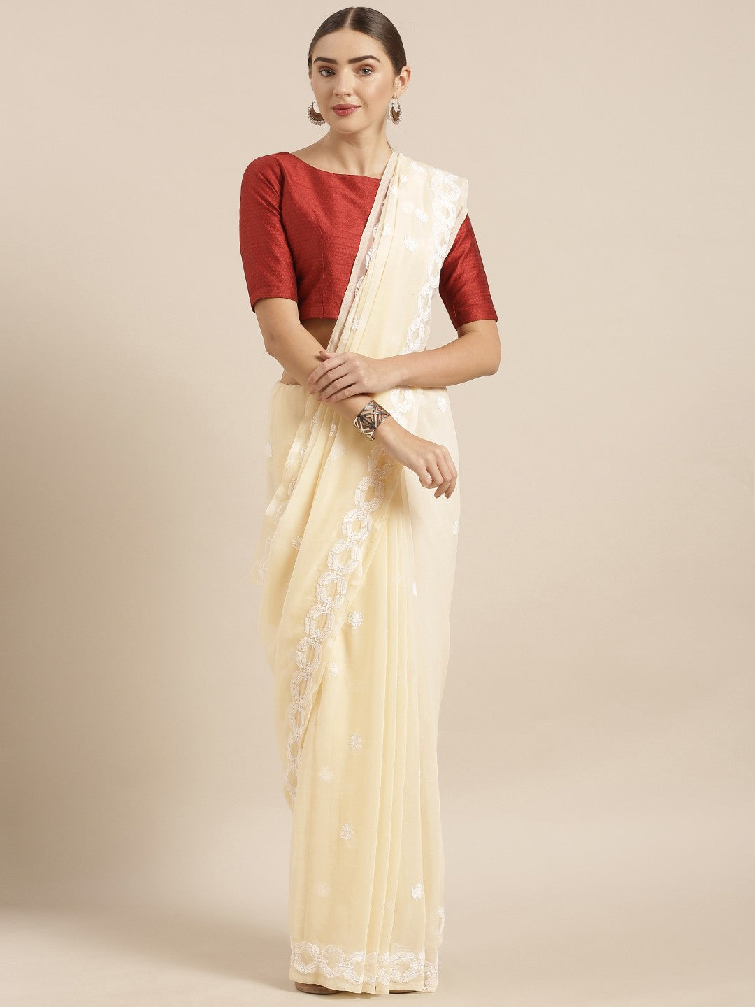 Fawn-Embroidered-Chikankari-Saree-With-Blouse