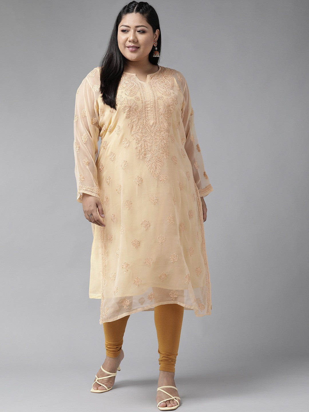 Fawn Faux Georgette Chikankari Straight Kurti