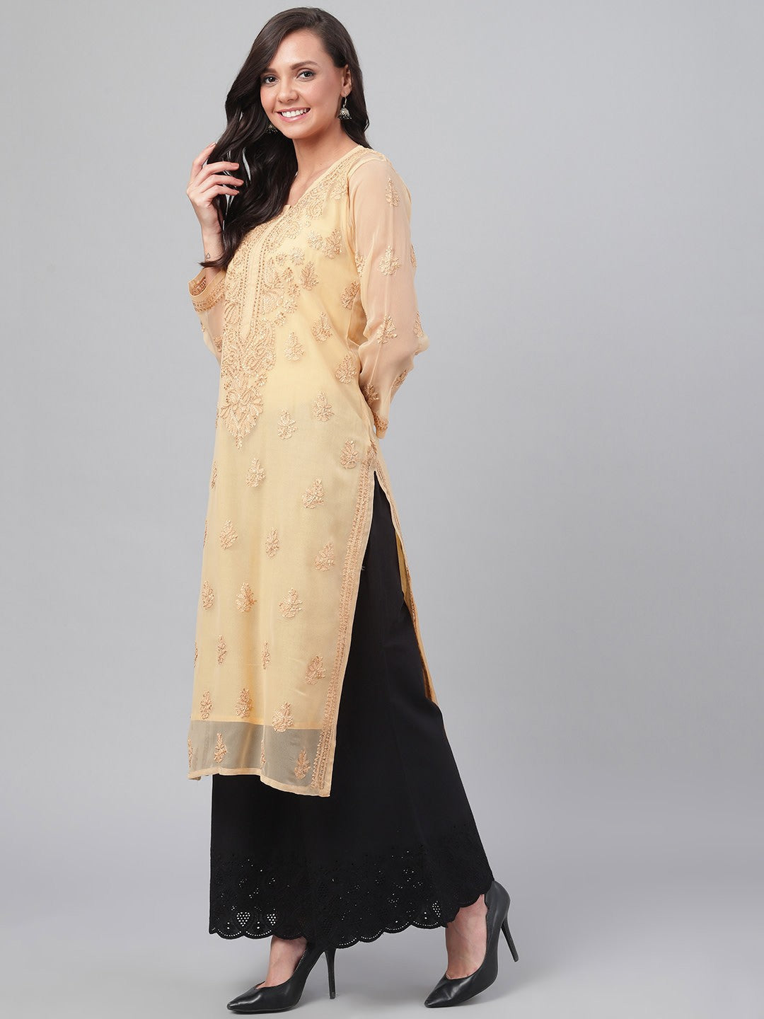 Fawn Faux Georgette Chikankari Straight Kurti