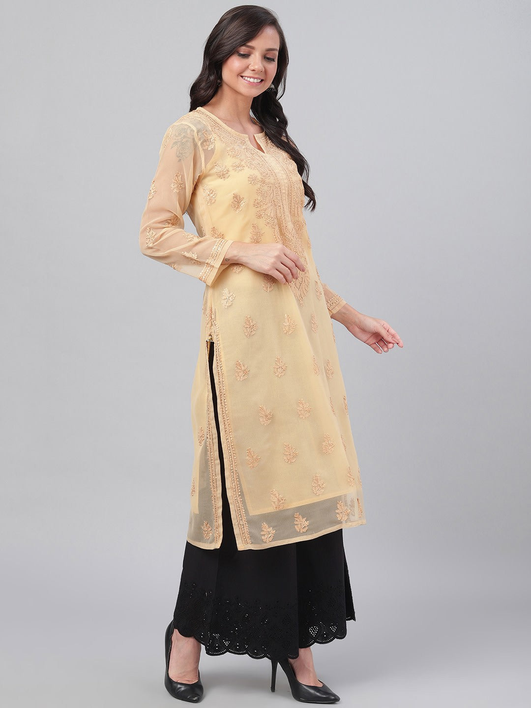 Fawn Faux Georgette Chikankari Straight Kurti