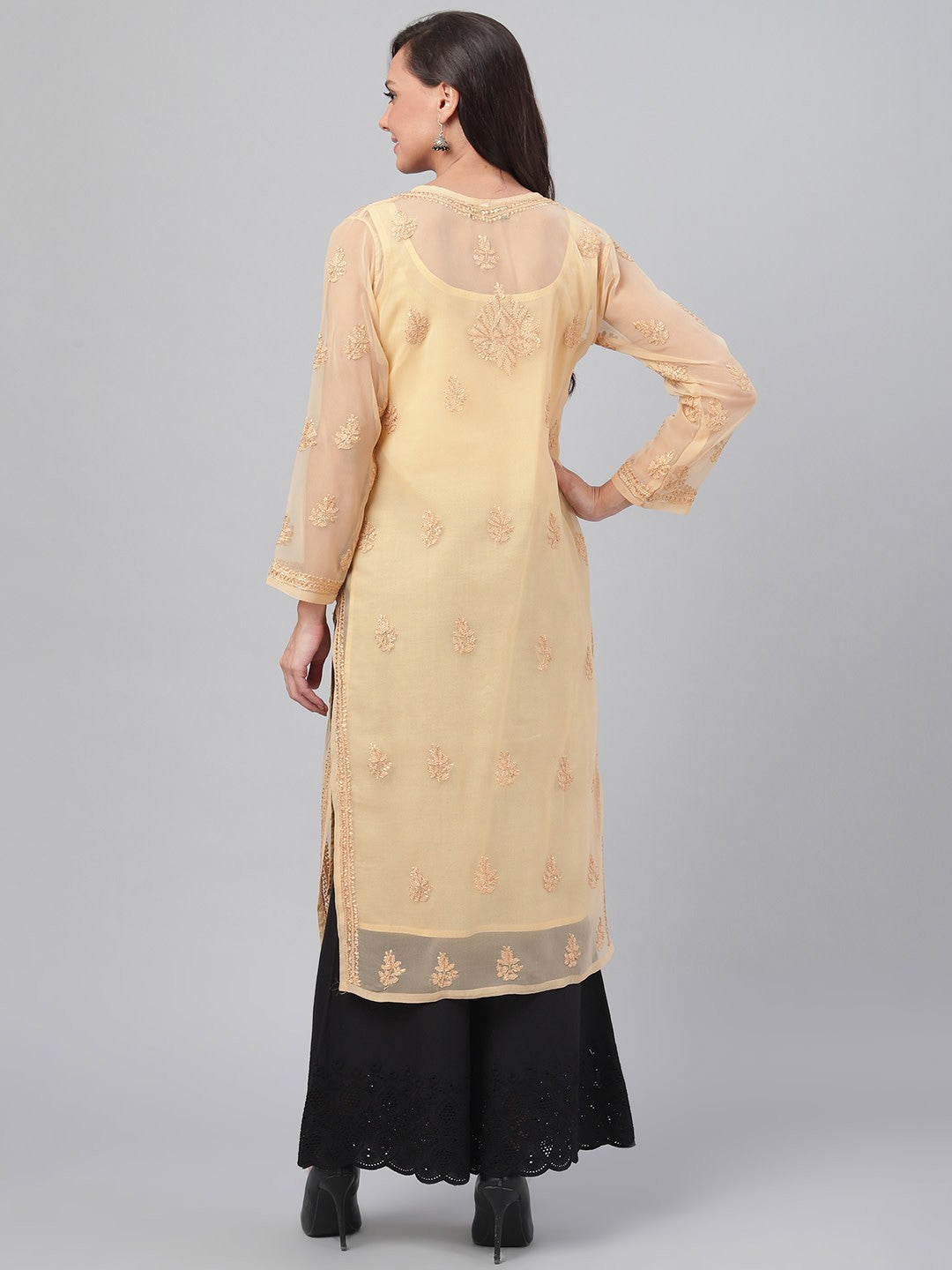 Fawn Faux Georgette Chikankari Straight Kurti