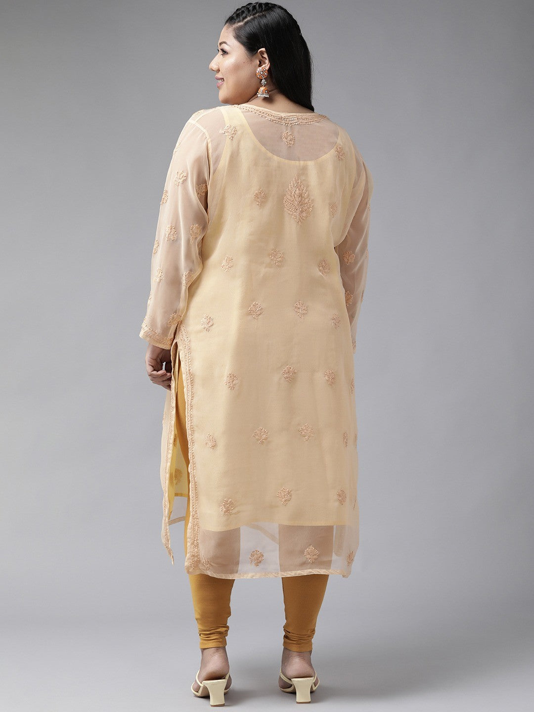 Fawn Faux Georgette Chikankari Straight Kurti