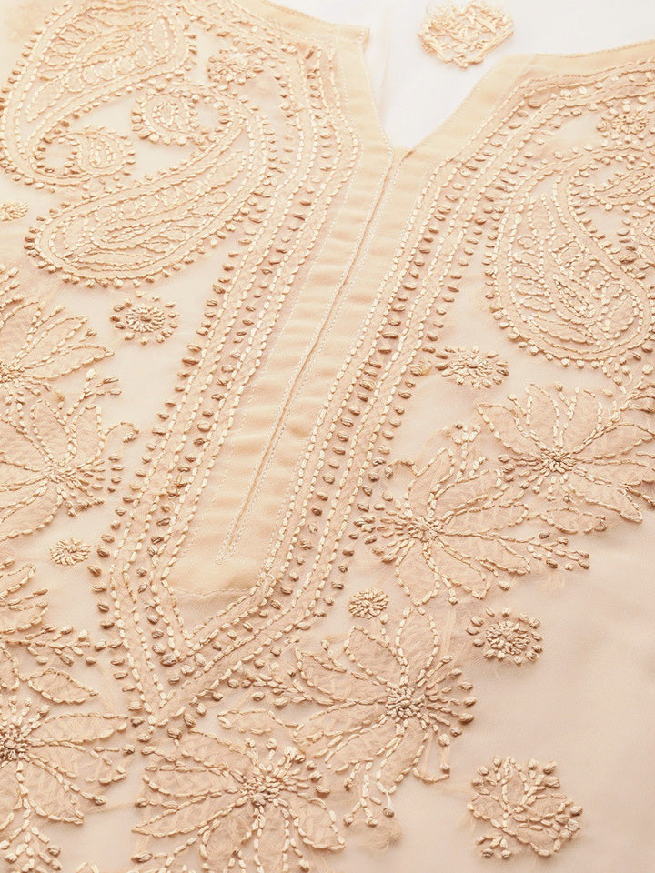 Fawn Faux Georgette Chikankari Straight Kurti