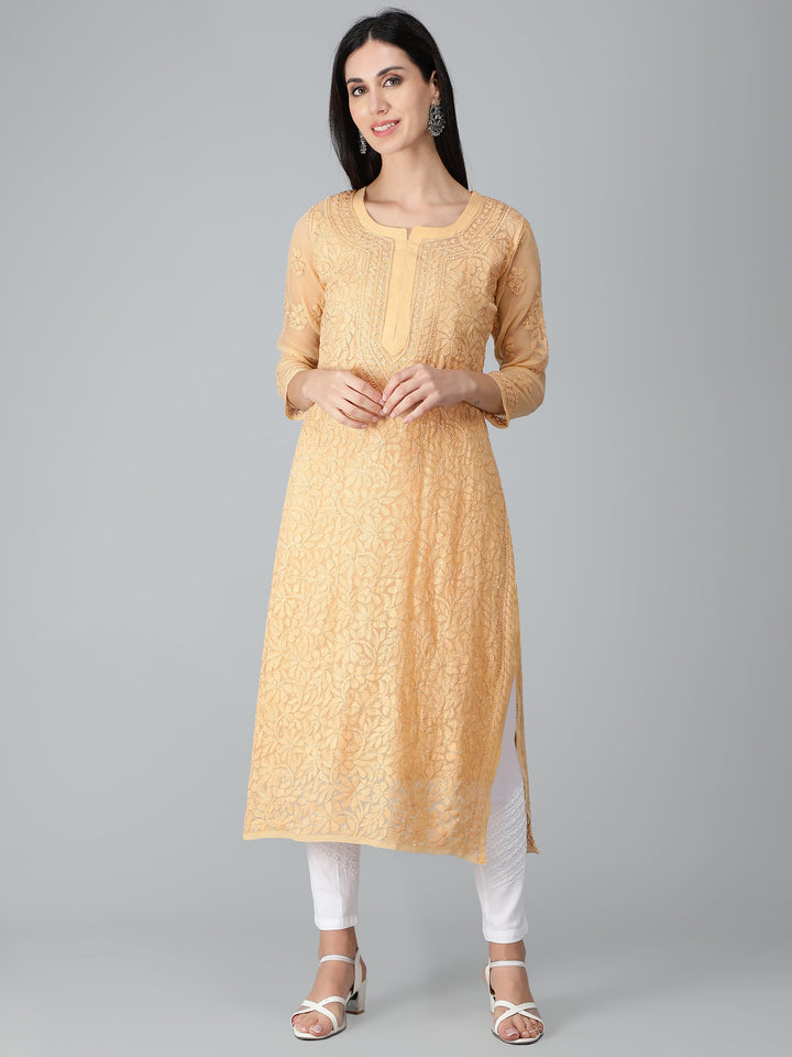 Fawn-Georgette-Chikankari-Kurta-with-Slip