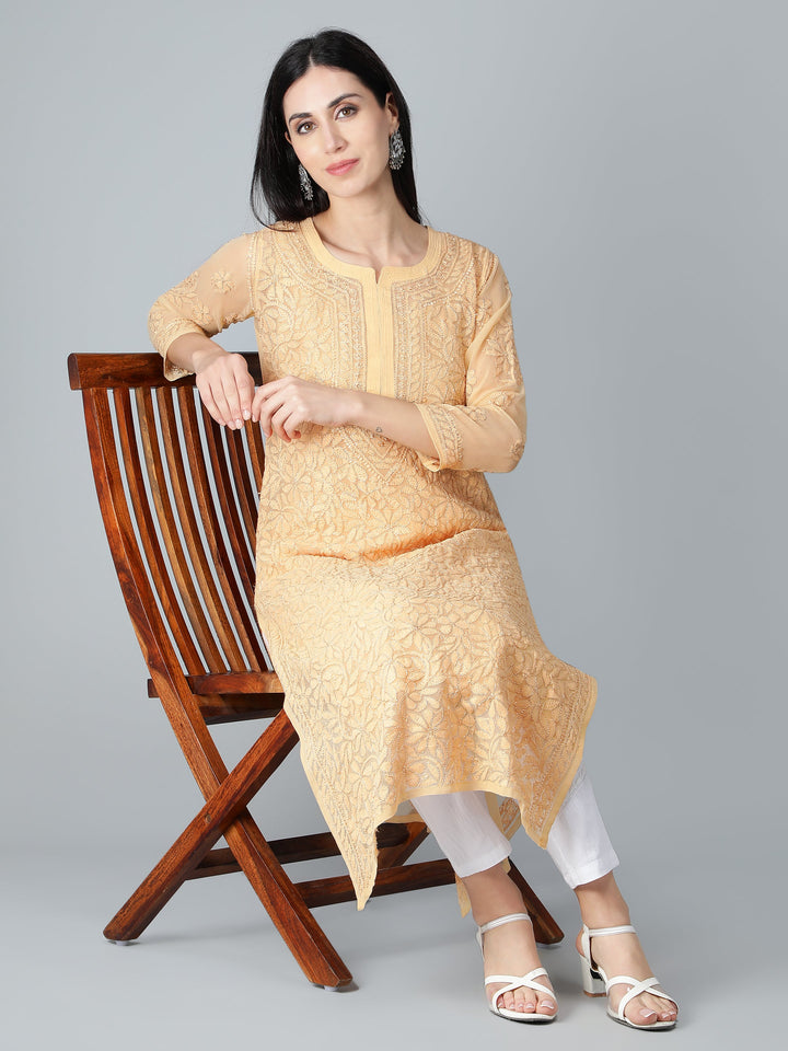 Fawn-Georgette-Chikankari-Kurta-with-Slip