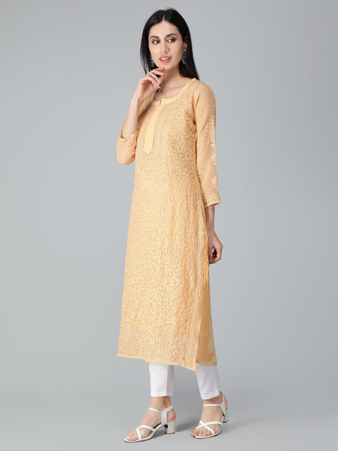 Fawn-Georgette-Chikankari-Kurta-with-Slip