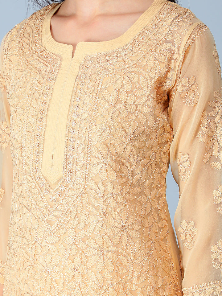 Fawn-Georgette-Chikankari-Kurta-with-Slip