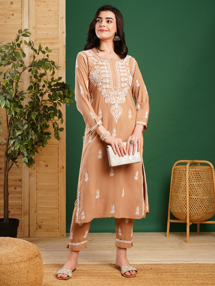 Fawn Rayon Chikankari Motif 2-Piece Kurta Set