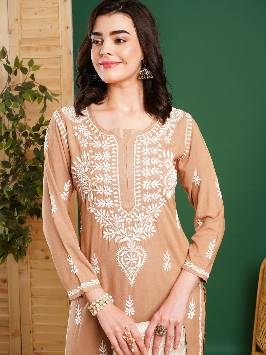 Fawn Rayon Chikankari Motif 2-Piece Kurta Set