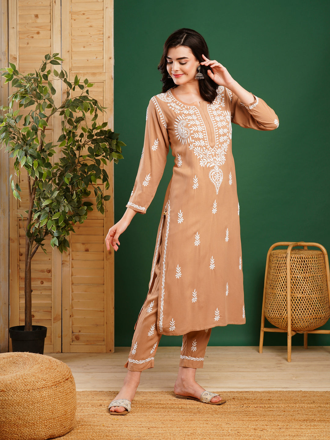 Fawn Rayon Chikankari Motif 2-Piece Kurta Set