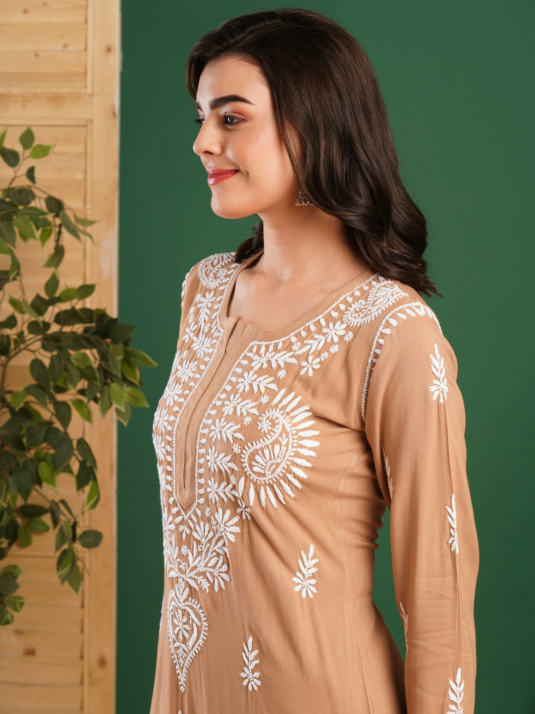 Fawn Rayon Chikankari Motif 2-Piece Kurta Set