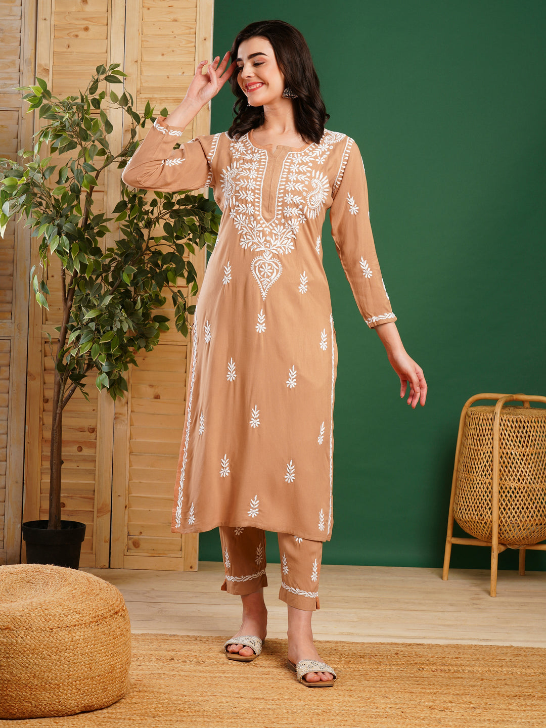 Fawn Rayon Chikankari Motif 2-Piece Kurta Set