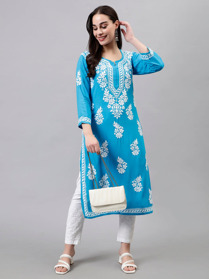 Firozi-Blue-Rayon-Hand-Embroidered-Chikankari-Kurti