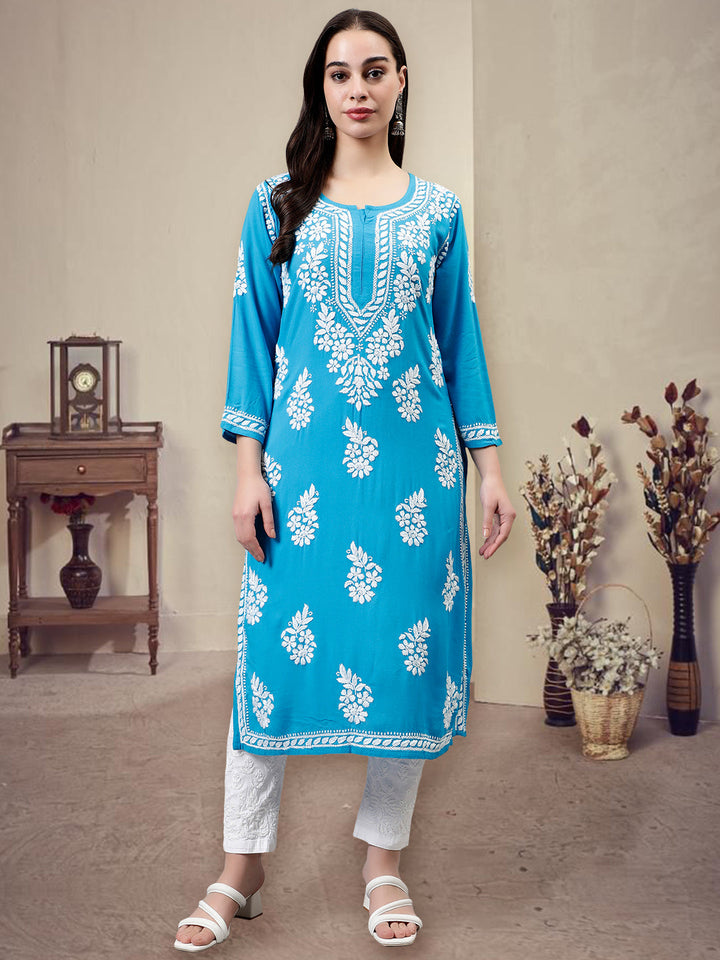 Firozi-Blue-Rayon-Hand-Embroidered-Chikankari-Kurti