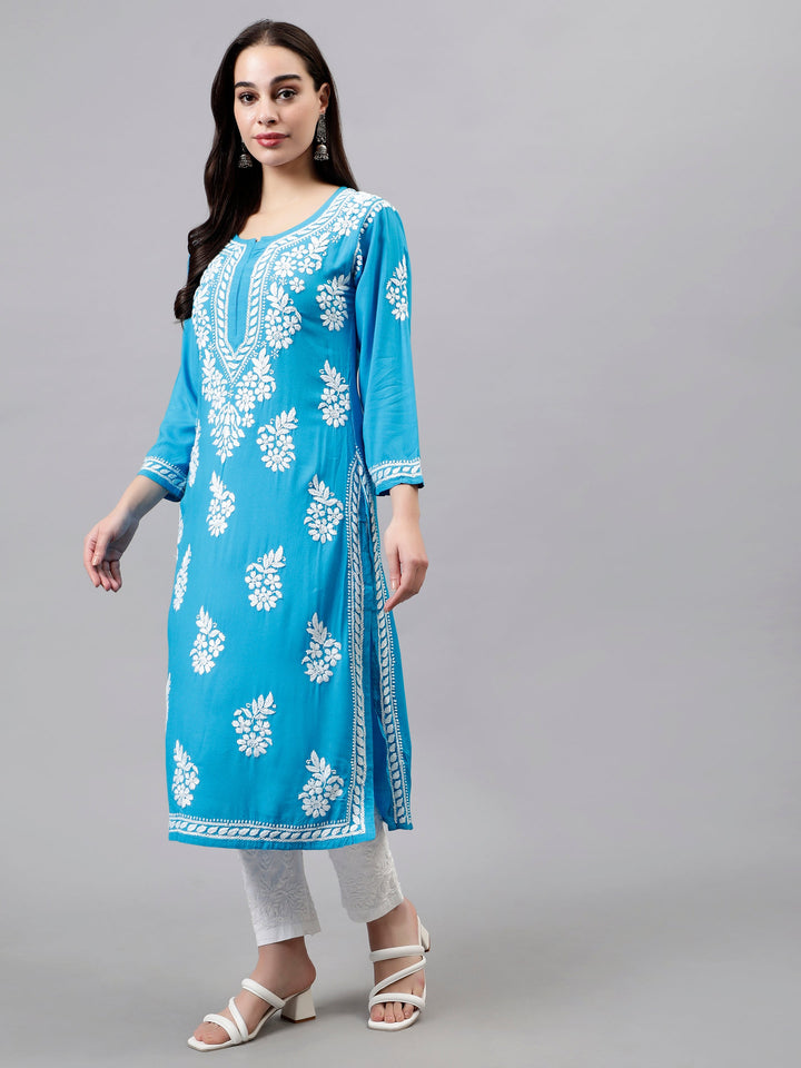 Firozi-Blue-Rayon-Hand-Embroidered-Chikankari-Kurti