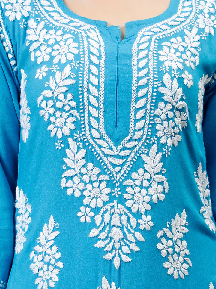 Firozi-Blue-Rayon-Hand-Embroidered-Chikankari-Kurti