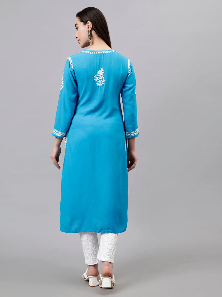 Firozi-Blue-Rayon-Hand-Embroidered-Chikankari-Kurti