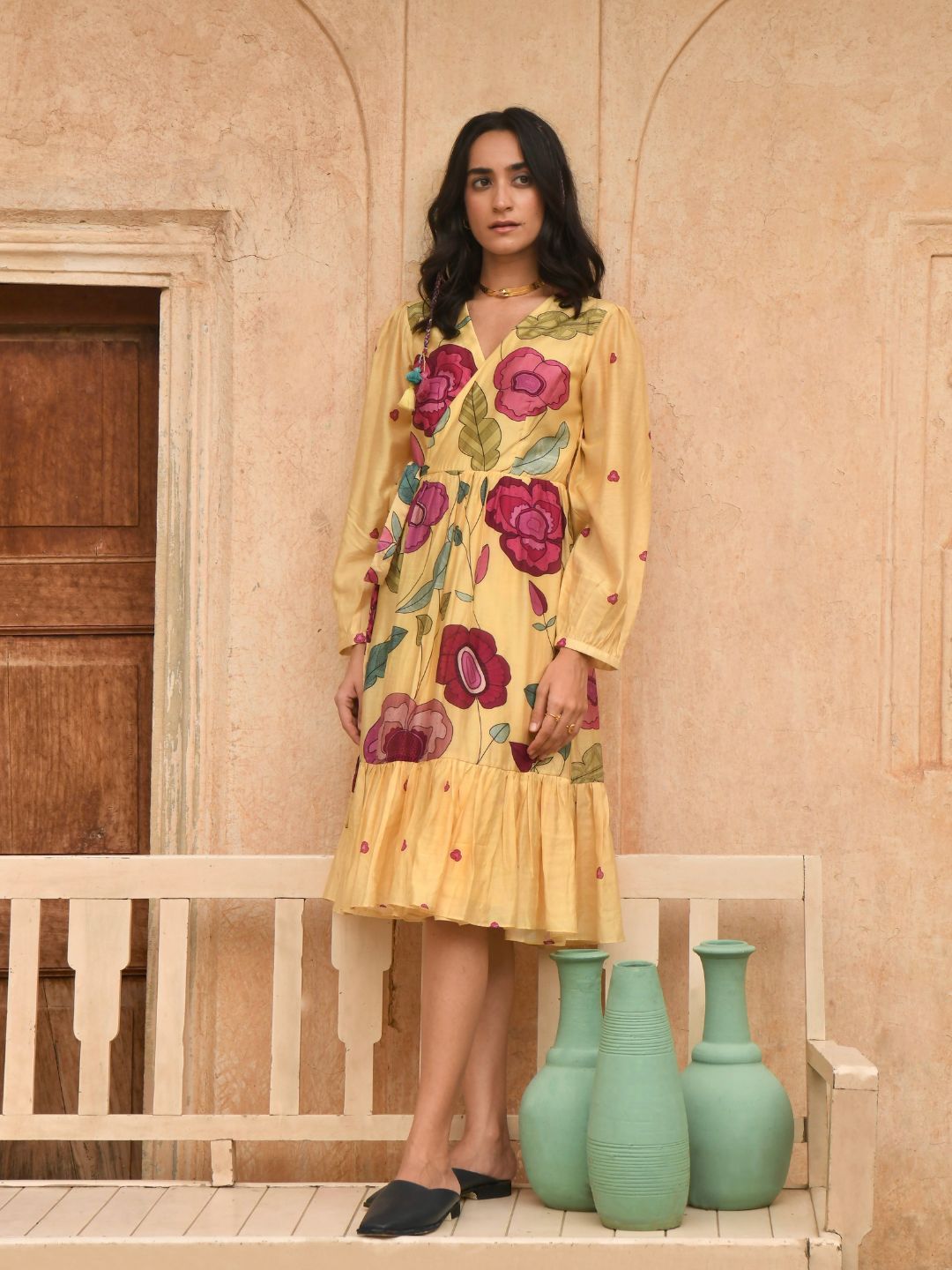 Flamboyant Yellow Silk Sandalwood Wrap Dress