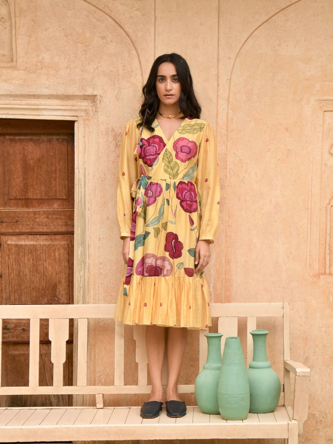 Flamboyant Yellow Silk Sandalwood Wrap Dress