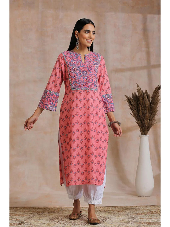 Flamingo Pink Hand Block Print Straight Kurta