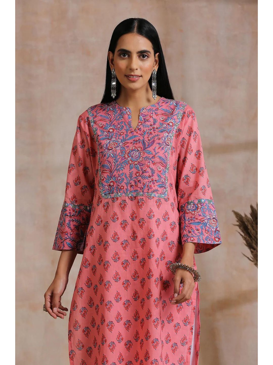 Flamingo Pink Hand Block Print Straight Kurta