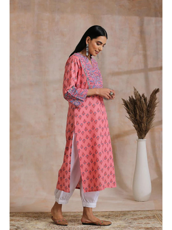 Flamingo Pink Hand Block Print Straight Kurta