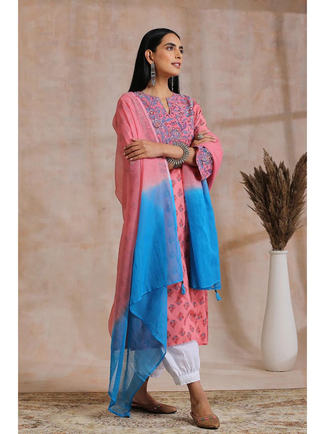 Flamingo Pink Hand Block Print Straight Kurta